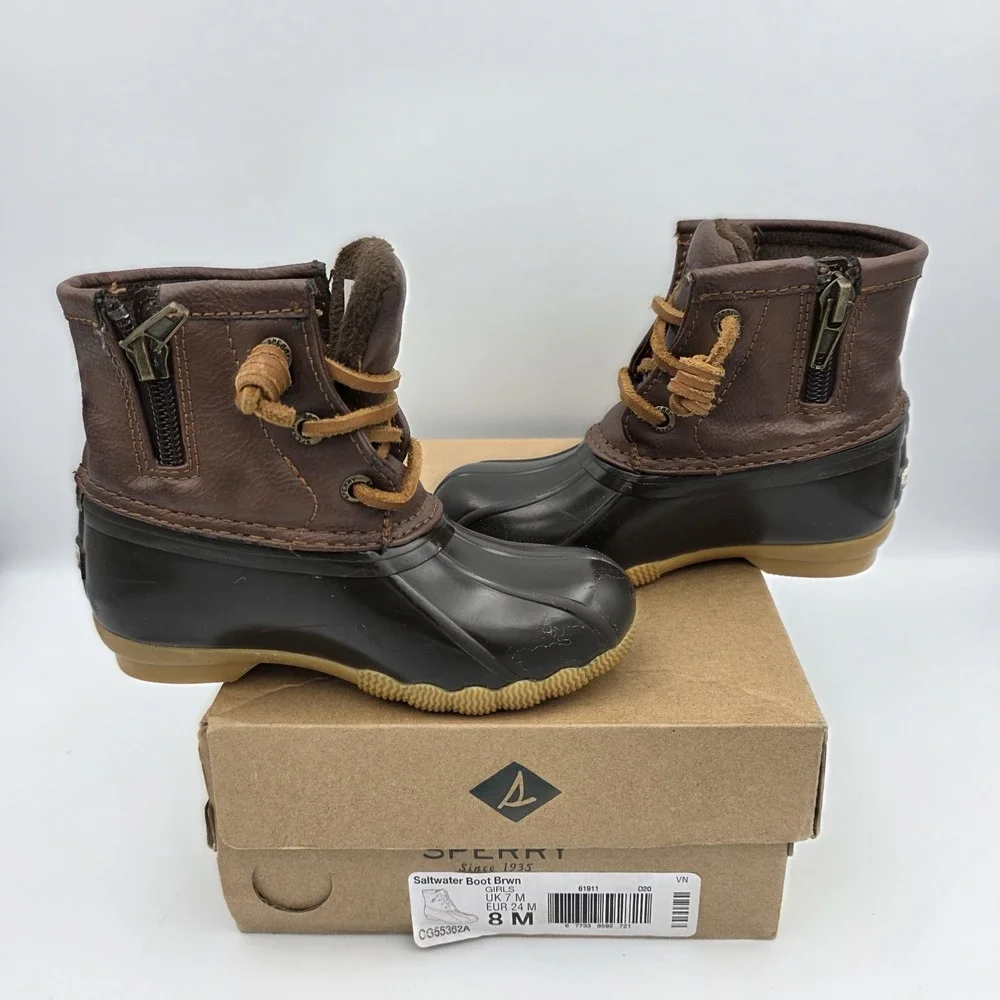 Sperry Saltwater Brown Duck Boots Girls Size 8 Ankle Side Zipper & LaceUp Shoes